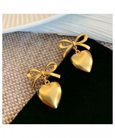 Dangle Golden Heart Bow Knot Stud Earrings Hypoallergenic 925 Sterling Silver Pin for Women Girls Love Hearted Ribbon Bow Dan...