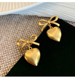 Dangle Golden Heart Bow Knot Stud Earrings Hypoallergenic 925 Sterling Silver Pin for Women Girls Love Hearted Ribbon Bow Dan...