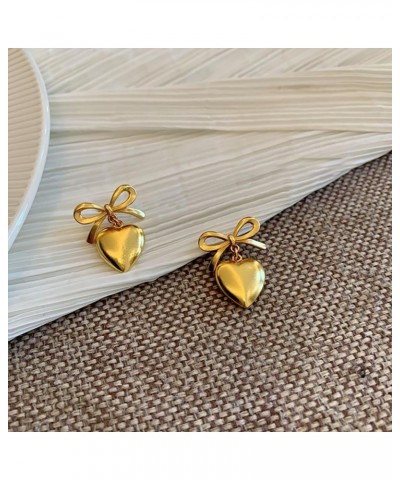 Dangle Golden Heart Bow Knot Stud Earrings Hypoallergenic 925 Sterling Silver Pin for Women Girls Love Hearted Ribbon Bow Dan...