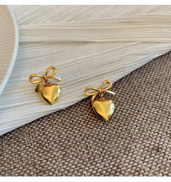 Dangle Golden Heart Bow Knot Stud Earrings Hypoallergenic 925 Sterling Silver Pin for Women Girls Love Hearted Ribbon Bow Dan...