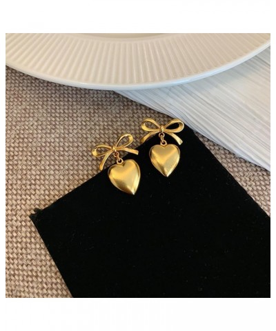 Dangle Golden Heart Bow Knot Stud Earrings Hypoallergenic 925 Sterling Silver Pin for Women Girls Love Hearted Ribbon Bow Dan...