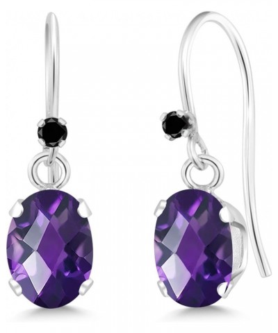 925 Sterling Silver Purple Amethyst and Black Diamond French Wire Dangle Hook Earrings For Women (1.52 Cttw, Gemstone Februar...