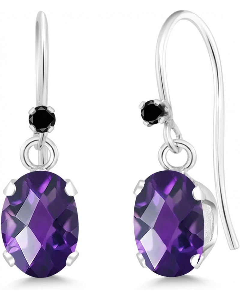 925 Sterling Silver Purple Amethyst and Black Diamond French Wire Dangle Hook Earrings For Women (1.52 Cttw, Gemstone Februar...