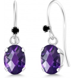 925 Sterling Silver Purple Amethyst and Black Diamond French Wire Dangle Hook Earrings For Women (1.52 Cttw, Gemstone Februar...