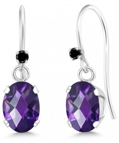 925 Sterling Silver Purple Amethyst and Black Diamond French Wire Dangle Hook Earrings For Women (1.52 Cttw, Gemstone Februar...