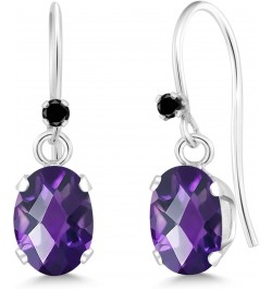 925 Sterling Silver Purple Amethyst and Black Diamond French Wire Dangle Hook Earrings For Women (1.52 Cttw, Gemstone Februar...