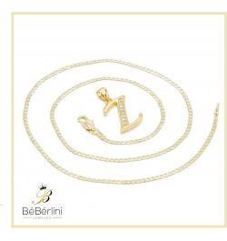 BEBERLINI Initial Letter Pendant 14K Necklace Gold Filled Cubic Zirconia Alphabet CZ Charm Curb Chain Set 18" 20" 24" Women G...