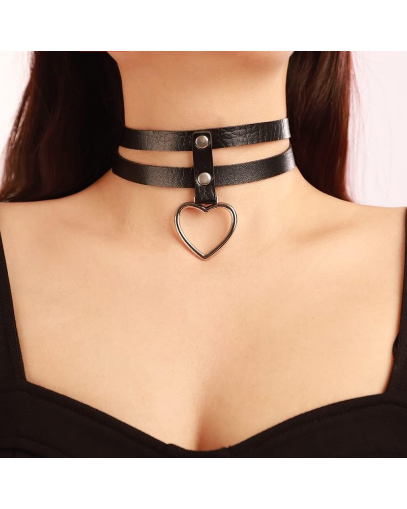 Punk Black PU Leather Heart Choker Necklace Spike Studded Link Leather Collar Choker Necklace Halloween Jewelry for Women Gir...