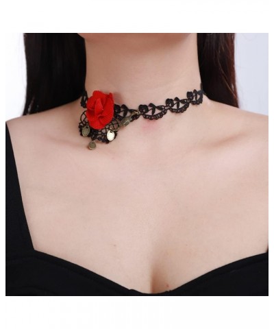 Red Rose Flower Choker Necklace Black Lace Ribbon Choker Vintage Victorian Costume Necklaces for Wedding Crystal Beads Pendan...