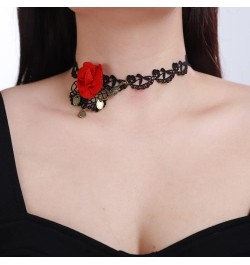 Red Rose Flower Choker Necklace Black Lace Ribbon Choker Vintage Victorian Costume Necklaces for Wedding Crystal Beads Pendan...