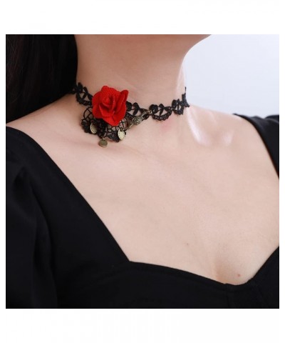 Red Rose Flower Choker Necklace Black Lace Ribbon Choker Vintage Victorian Costume Necklaces for Wedding Crystal Beads Pendan...