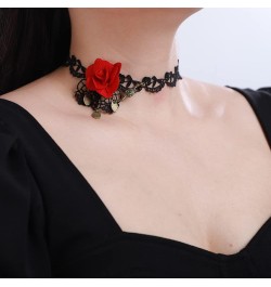 Red Rose Flower Choker Necklace Black Lace Ribbon Choker Vintage Victorian Costume Necklaces for Wedding Crystal Beads Pendan...