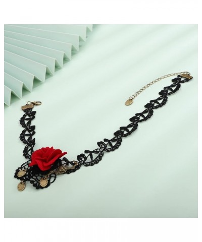 Red Rose Flower Choker Necklace Black Lace Ribbon Choker Vintage Victorian Costume Necklaces for Wedding Crystal Beads Pendan...