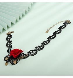 Red Rose Flower Choker Necklace Black Lace Ribbon Choker Vintage Victorian Costume Necklaces for Wedding Crystal Beads Pendan...