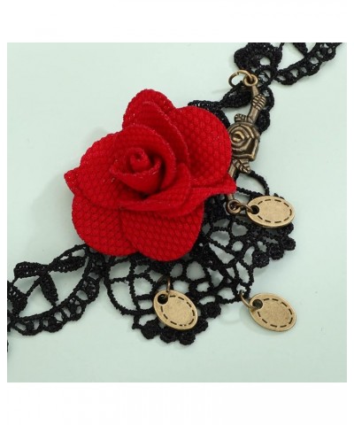 Red Rose Flower Choker Necklace Black Lace Ribbon Choker Vintage Victorian Costume Necklaces for Wedding Crystal Beads Pendan...