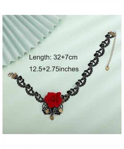 Red Rose Flower Choker Necklace Black Lace Ribbon Choker Vintage Victorian Costume Necklaces for Wedding Crystal Beads Pendan...