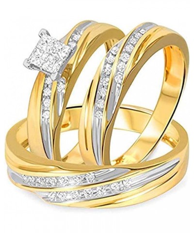 Princess D/VVS1 Diamond 14K Two-Tone Gold Plated 925 Sterling Silver Bridal Wedding Trio Ring Set for Him & Her Women Size 10...