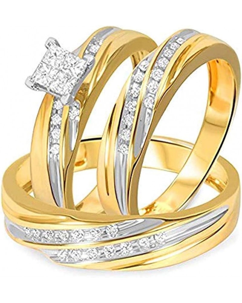 Princess D/VVS1 Diamond 14K Two-Tone Gold Plated 925 Sterling Silver Bridal Wedding Trio Ring Set for Him & Her Women Size 10...