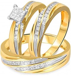 Princess D/VVS1 Diamond 14K Two-Tone Gold Plated 925 Sterling Silver Bridal Wedding Trio Ring Set for Him & Her Women Size 10...