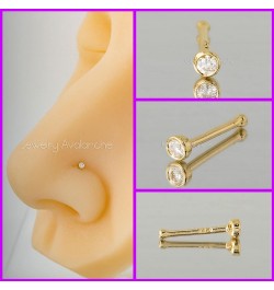 Solid 14Kt White/Yellow Gold Bezel Set Moissanite Ball-end Nose Stud - 22G Nose Bone Stud - April Birthstone Nose Ring Stud Y...