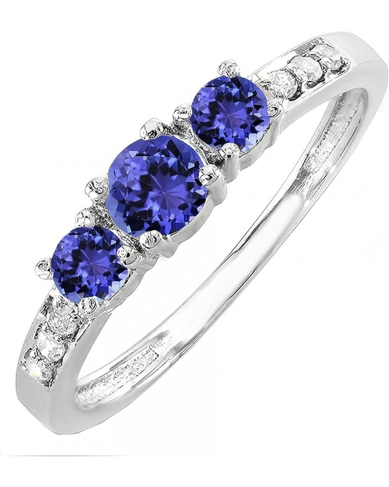 Round Gemstone and White Diamond Ladies Three Stone Engagement Ring | 14K White Gold Tanzanite $100.09 Rings