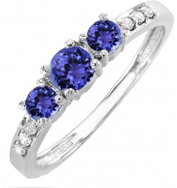 Round Gemstone and White Diamond Ladies Three Stone Engagement Ring | 14K White Gold Tanzanite $100.09 Rings