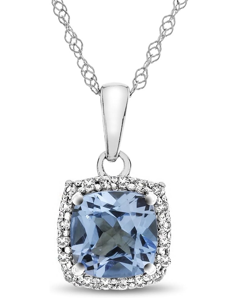 Solid 10k White Gold 6mm Cushion-Cut Center Stone with White Topaz accent stones Halo Pendant Necklace Swiss Blue Topaz $74.4...