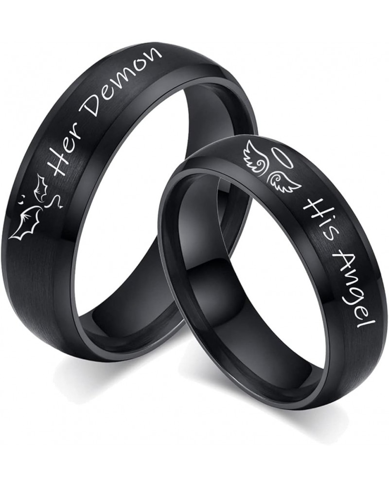 Her Demon & His Angel Couple Ring Set for Him Her 6MM Black Brushed Finish Stainless Steel Bevel Edges Wedding Band Promise E...