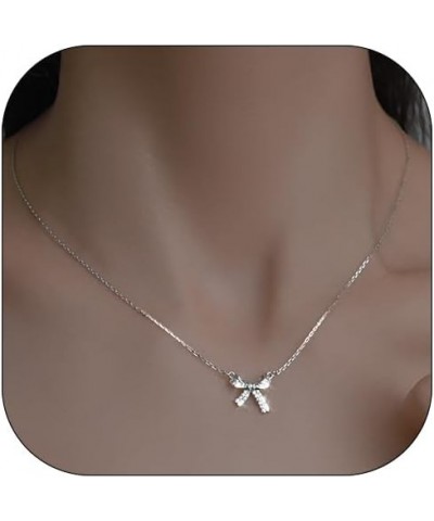 Gold Bow Necklace for Women Silver Rhinestone Bow Necklace Fashion Bow Pendant Necklace Bow Jewelry Gift for Women Girls silv...