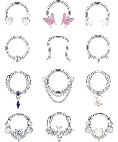 12Pcs 16G Septum Rings for Women Men Septum Nose Ring Horseshoe Hoop Helix Daith Cartilage Earrings Hoop CZ Dangle Nose Septu...