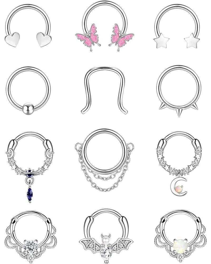 12Pcs 16G Septum Rings for Women Men Septum Nose Ring Horseshoe Hoop Helix Daith Cartilage Earrings Hoop CZ Dangle Nose Septu...