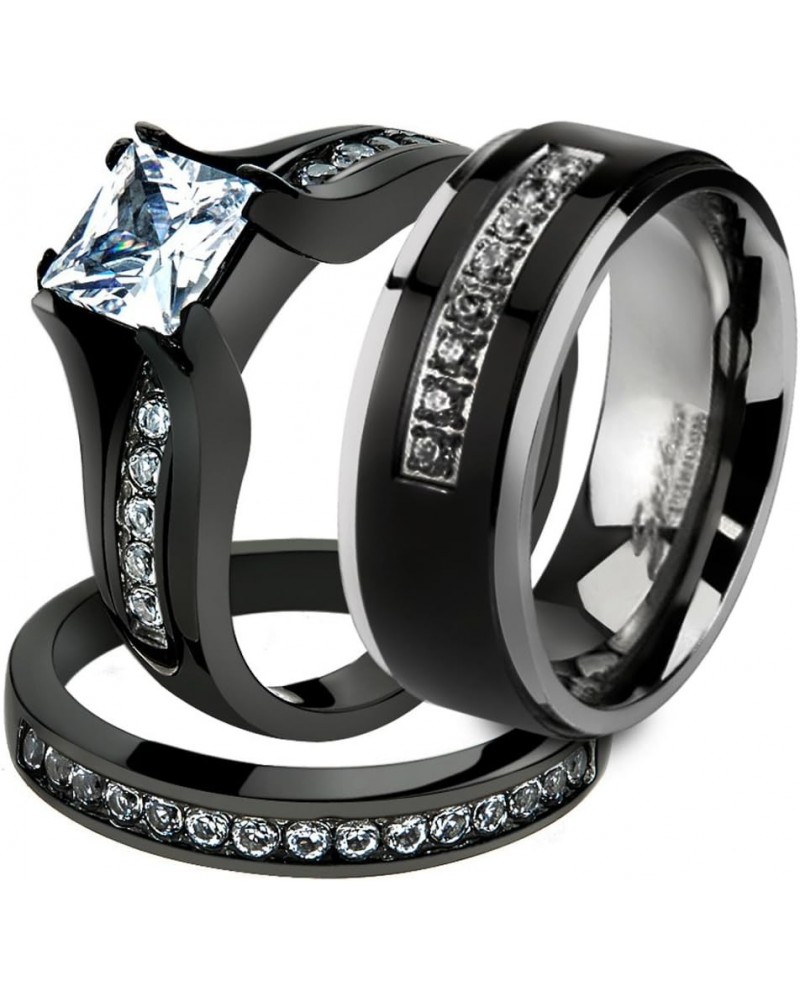 Her and His 3 Piece Black Stainless Steel Engagement Wedding Ring Set and Titanium Band Size Women's 07 Men's 09 $23.29 Sets