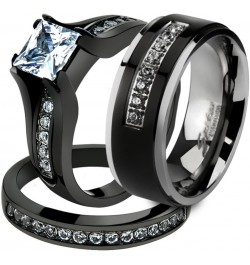 Her and His 3 Piece Black Stainless Steel Engagement Wedding Ring Set and Titanium Band Size Women's 07 Men's 09 $23.29 Sets