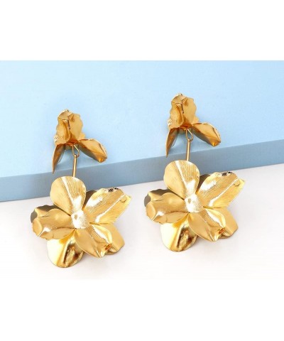 Gold Flower Earrings Elegant Gold Flower Stud Earrings Large Metal Hypoallergenic Floral Statement Drop Earring for Women Tee...