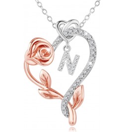 925 Sterling Silver Rose Heart Initial Necklace - Dainty Jewelry with 5A Cubic Zirconia, Perfect for Valentine's Day, Mother'...