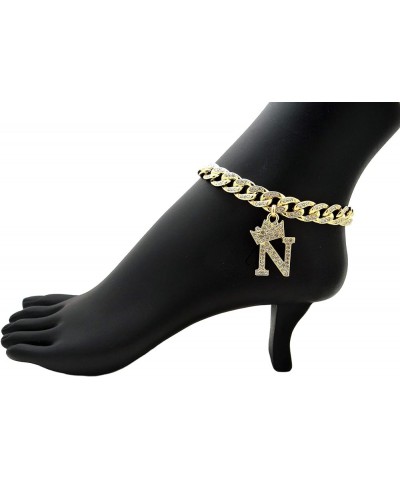 Women Stone Filled Initial Letter Charm 10mm 10" Box Lock Cuban Chain Anklet in Gold Tone Gold - N $13.95 Anklets