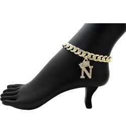 Women Stone Filled Initial Letter Charm 10mm 10" Box Lock Cuban Chain Anklet in Gold Tone Gold - N $13.95 Anklets