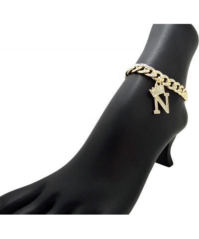 Women Stone Filled Initial Letter Charm 10mm 10" Box Lock Cuban Chain Anklet in Gold Tone Gold - N $13.95 Anklets