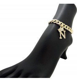 Women Stone Filled Initial Letter Charm 10mm 10" Box Lock Cuban Chain Anklet in Gold Tone Gold - N $13.95 Anklets