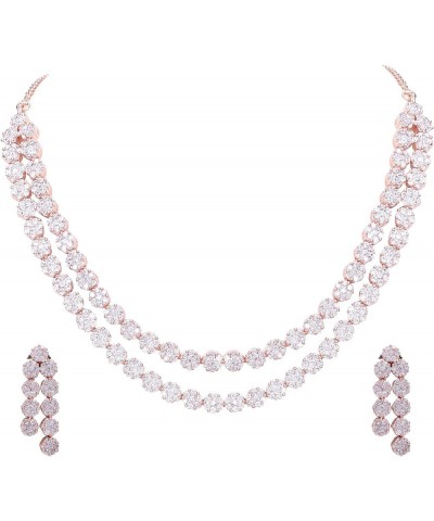 Cubic Zirconia Gorgeous Wedding Bridal Double Strand Necklace Dangle Earrings Jewelry Set RVA102 Rose Gold $16.72 Jewelry Sets