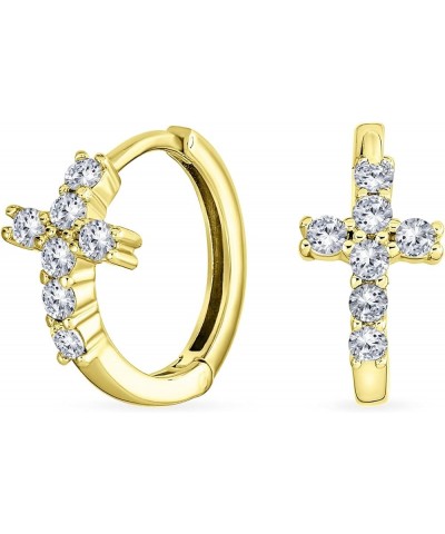 Spiritual Small Religious Kpop CZ Cross Huggie Small Hoop Earrings For Women For Men Pave Cubic Zirconia Yellow 14K Gold .925...