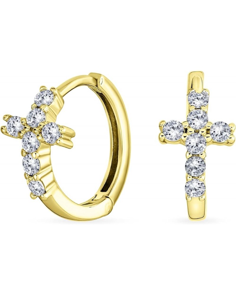 Spiritual Small Religious Kpop CZ Cross Huggie Small Hoop Earrings For Women For Men Pave Cubic Zirconia Yellow 14K Gold .925...