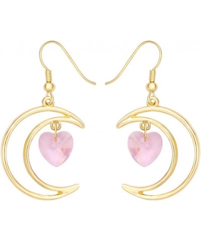 Irish Crescent Half Moon Heart Crystal Hook Dangle 14K Gold Plated Earrings Necklace Set 3 Tone Pink Earing gold-plated-base ...