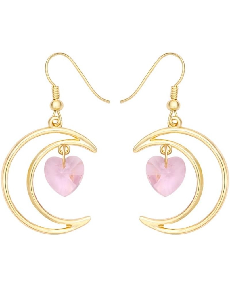 Irish Crescent Half Moon Heart Crystal Hook Dangle 14K Gold Plated Earrings Necklace Set 3 Tone Pink Earing gold-plated-base ...