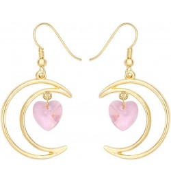 Irish Crescent Half Moon Heart Crystal Hook Dangle 14K Gold Plated Earrings Necklace Set 3 Tone Pink Earing gold-plated-base ...