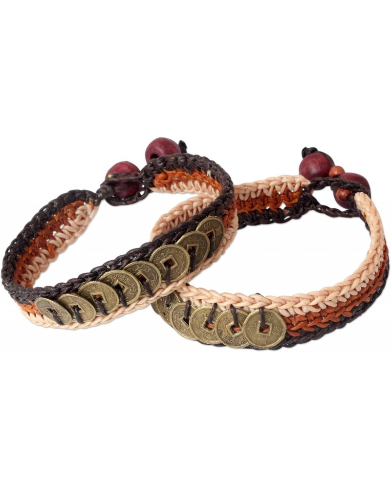 Handmade Beaded Wristband Bracelets Brass Coin Pair Wood No Stone Thailand Good Fortune [7.5 in min L x 8.25 in max L x 0.6 i...