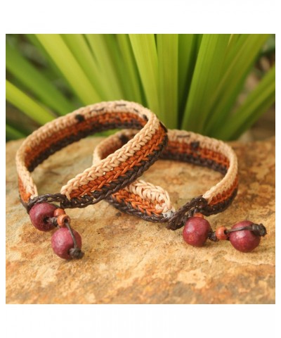 Handmade Beaded Wristband Bracelets Brass Coin Pair Wood No Stone Thailand Good Fortune [7.5 in min L x 8.25 in max L x 0.6 i...