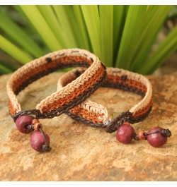 Handmade Beaded Wristband Bracelets Brass Coin Pair Wood No Stone Thailand Good Fortune [7.5 in min L x 8.25 in max L x 0.6 i...