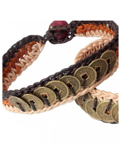 Handmade Beaded Wristband Bracelets Brass Coin Pair Wood No Stone Thailand Good Fortune [7.5 in min L x 8.25 in max L x 0.6 i...