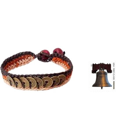 Handmade Beaded Wristband Bracelets Brass Coin Pair Wood No Stone Thailand Good Fortune [7.5 in min L x 8.25 in max L x 0.6 i...